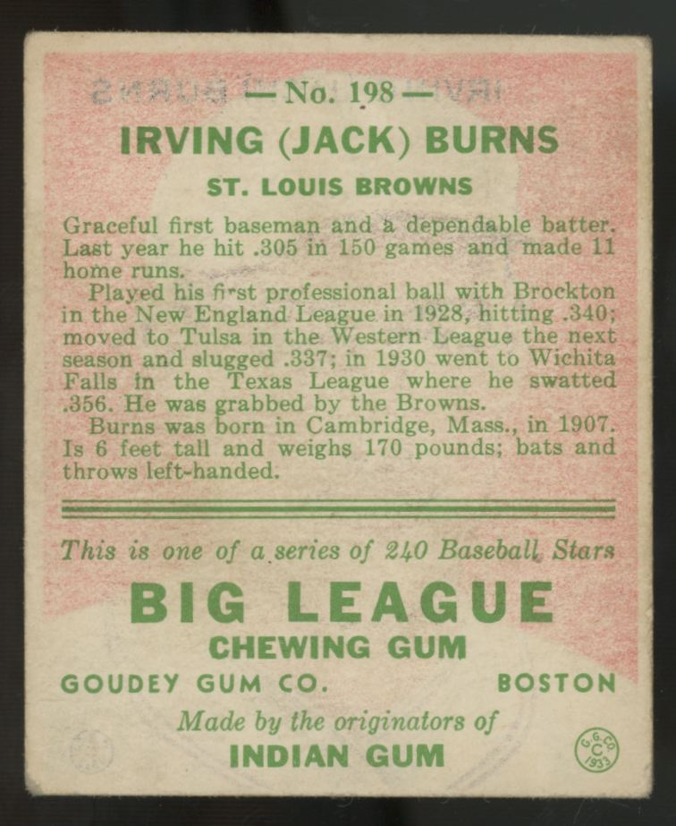 1933 Goudey Irving "Jack" Burns #198 VG