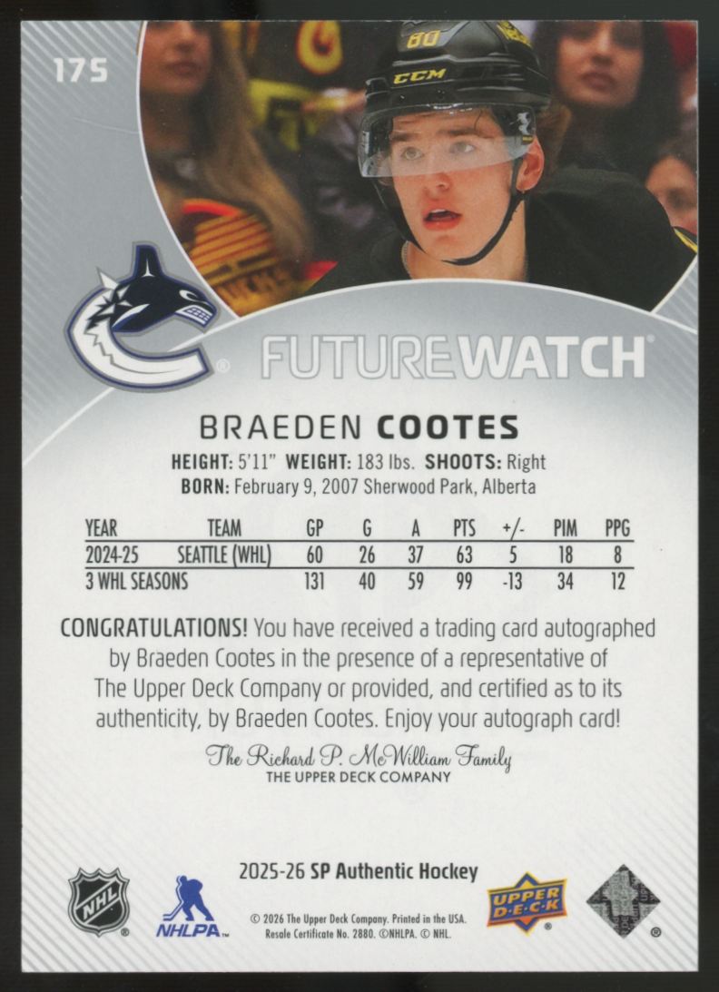 2025-26 Upper Deck SP Authentic Braeden Cootes RC Future Watch Auto /999 #175