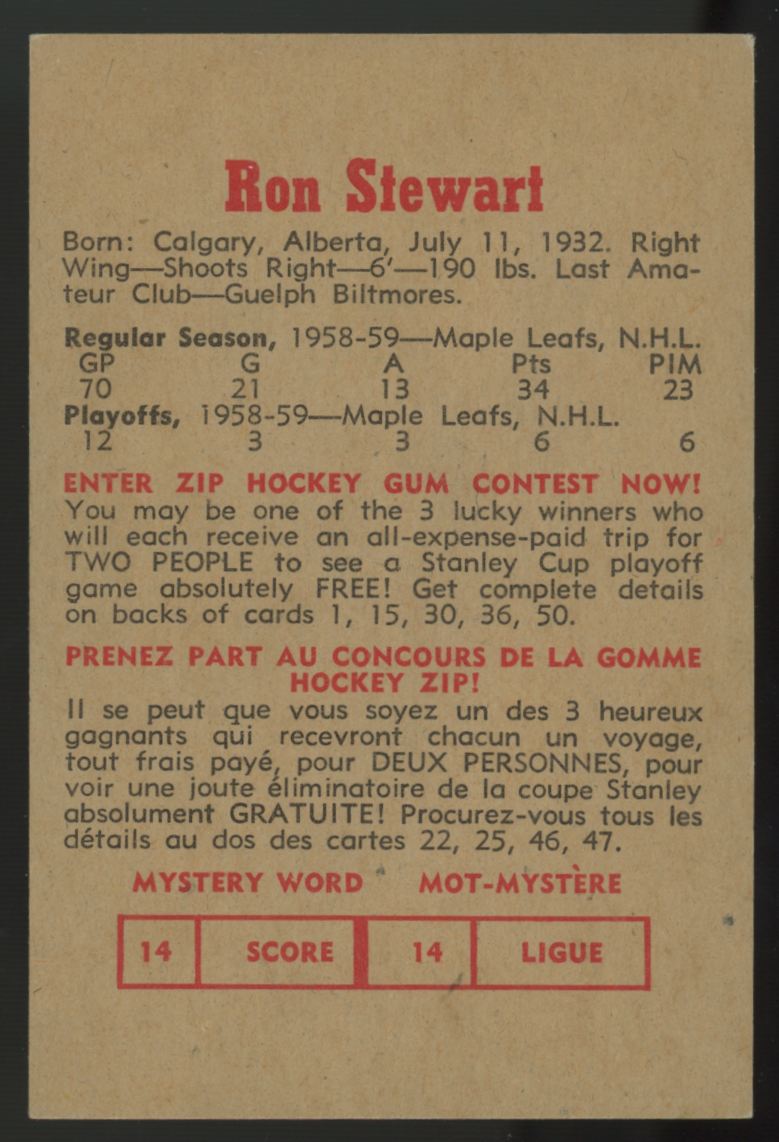 1959-60 Parkhurst Ron Stewart #26 EX/MT
