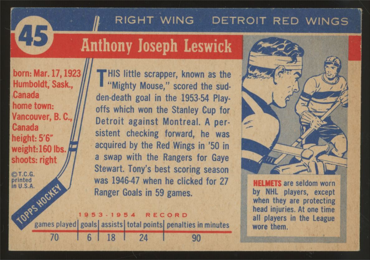 1954-55 Topps Tony Leswick #45 EX/EX-MT