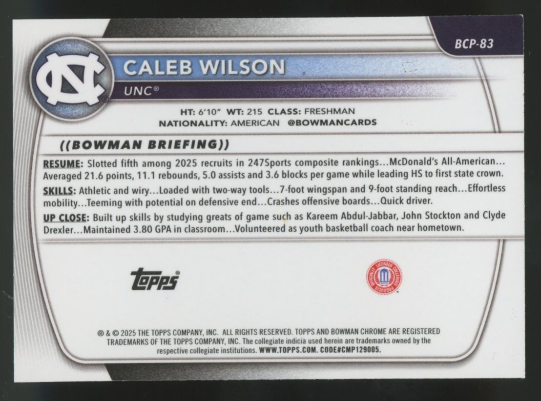 2025-26 Bowman Chrome Mega Caleb Wilson 1st Burgundy Mojo /275 #BCP-83