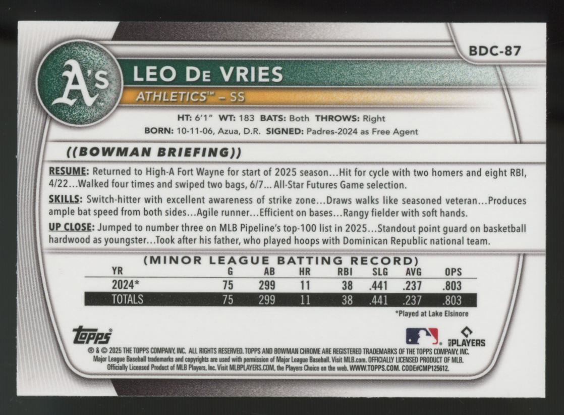 2025 Bowman Draft Leo De Vries Chrome Green Grass Refractor /99 #BDC-87