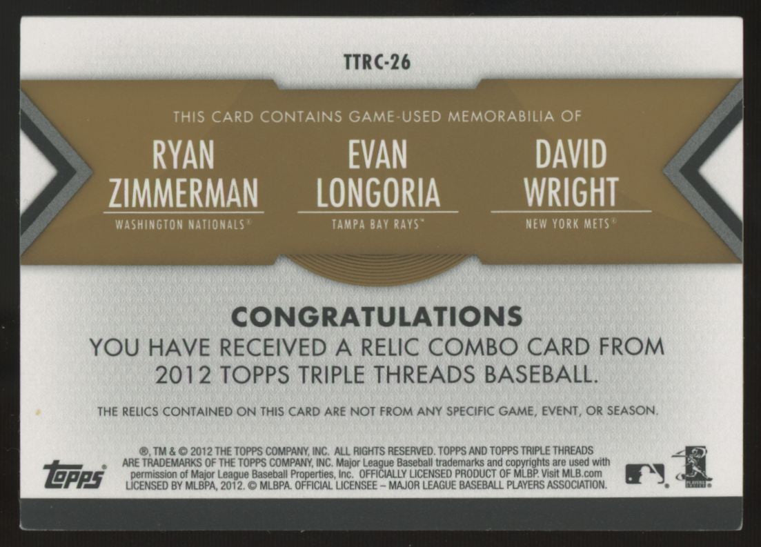 2012 Triple Threads Zimmerman/Longoria/Wright Gold Combo Relic /9 #TTRC-26