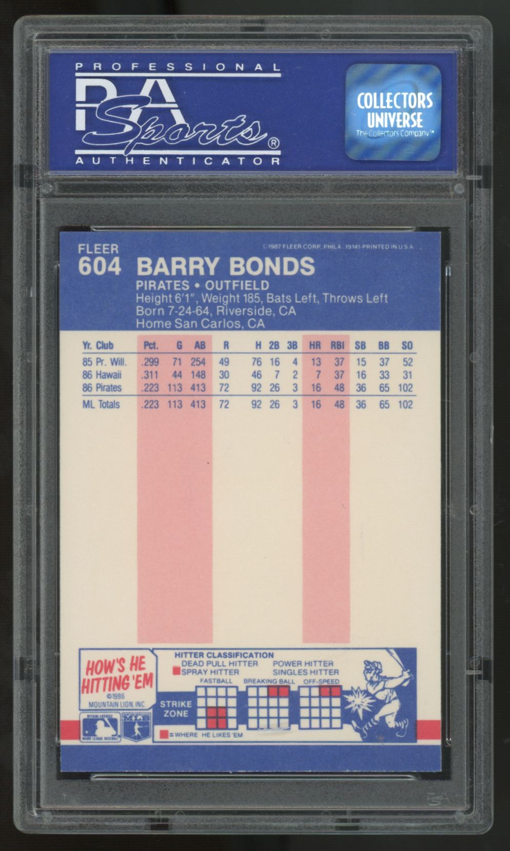 1987 Fleer Glossy Barry Bonds RC #604 PSA 9 *588