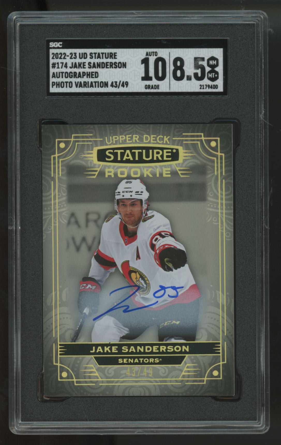 2022-23 UD Stature Jake Sanderson RC Auto Photo Variation /49 #174 SGC 8.5 10