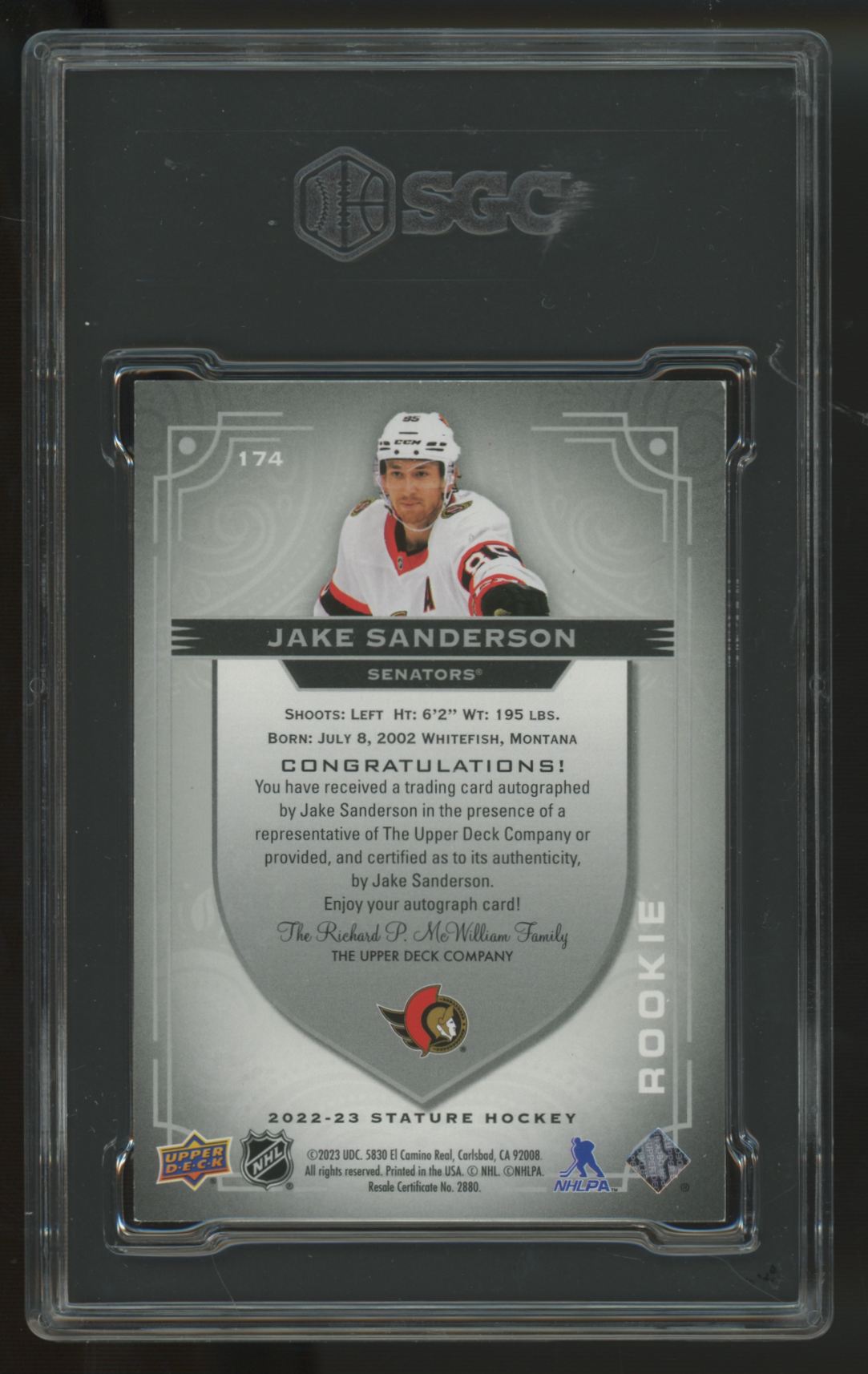 2022-23 UD Stature Jake Sanderson RC Auto Photo Variation /49 #174 SGC 8.5 10