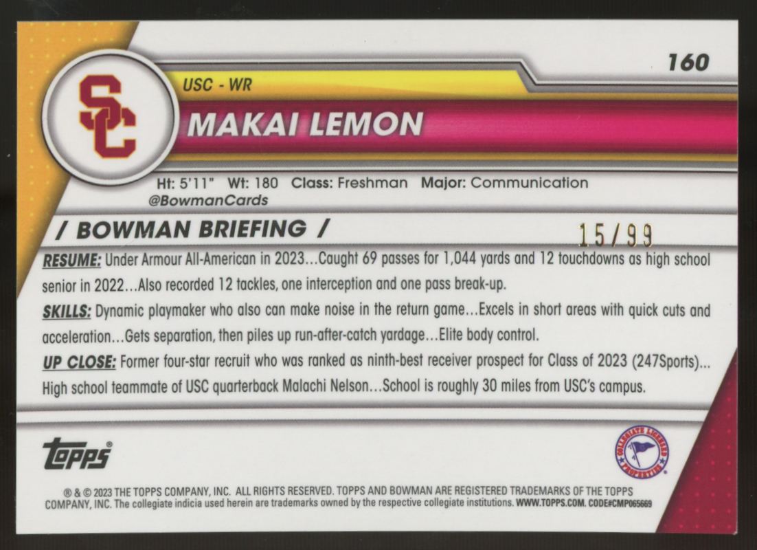 2023 Bowman University Chrome Makai Lemon 1st Green Shimmer /99 #160