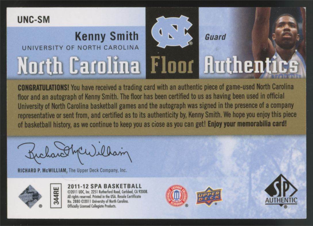 2011-12 UD SP Authentic Kenny Smith North Carolina Floor Relic Auto /10 #UNC-SM