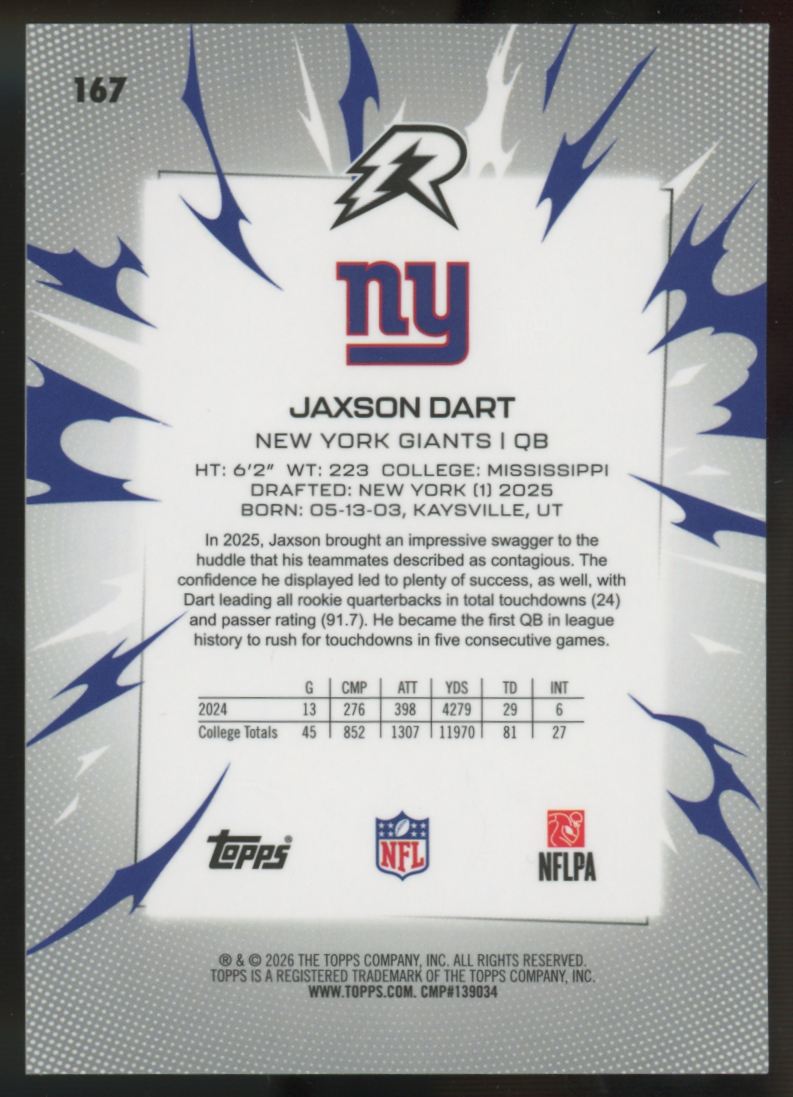 2025 Topps Resurgence Jaxson Dart RC Red Power Surge /5 #167