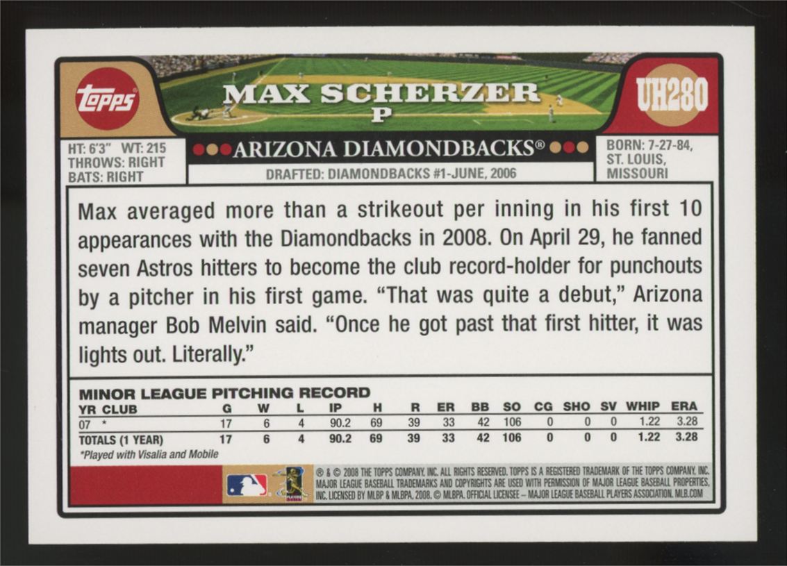 2008 Topps Updates & Highlights Max Scherzer RC #UH280