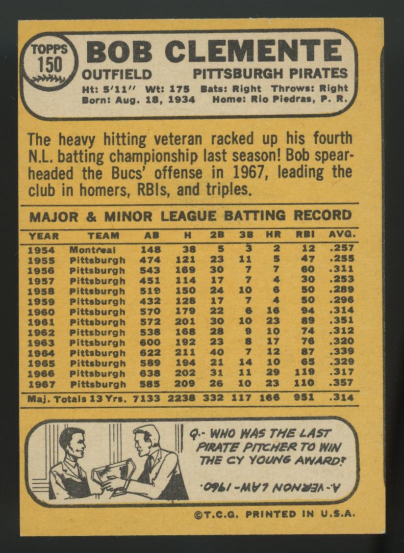 1968 Topps Roberto Bob Clemente #150 NM (MC)