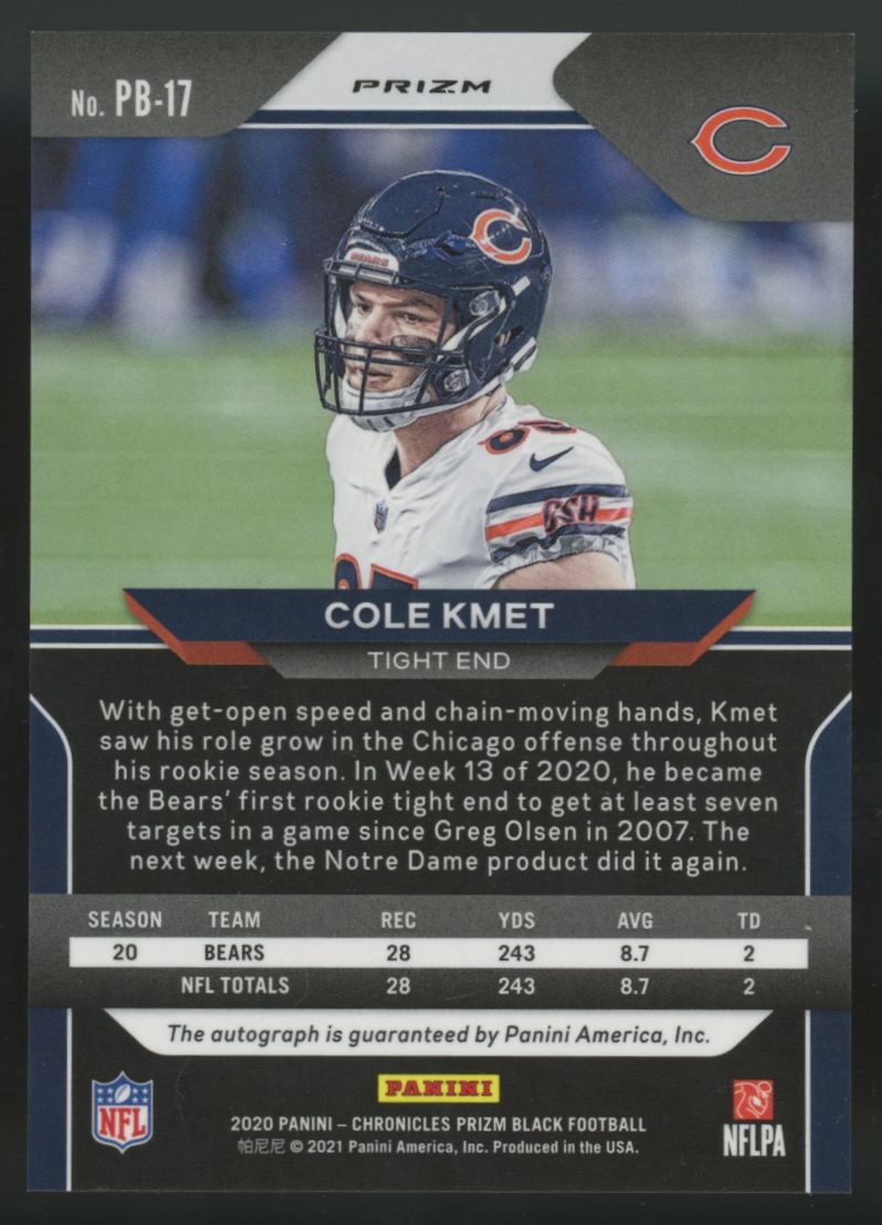2020 Chronicles Prizm Black Cole Kmet RC Silver Auto #PB-17