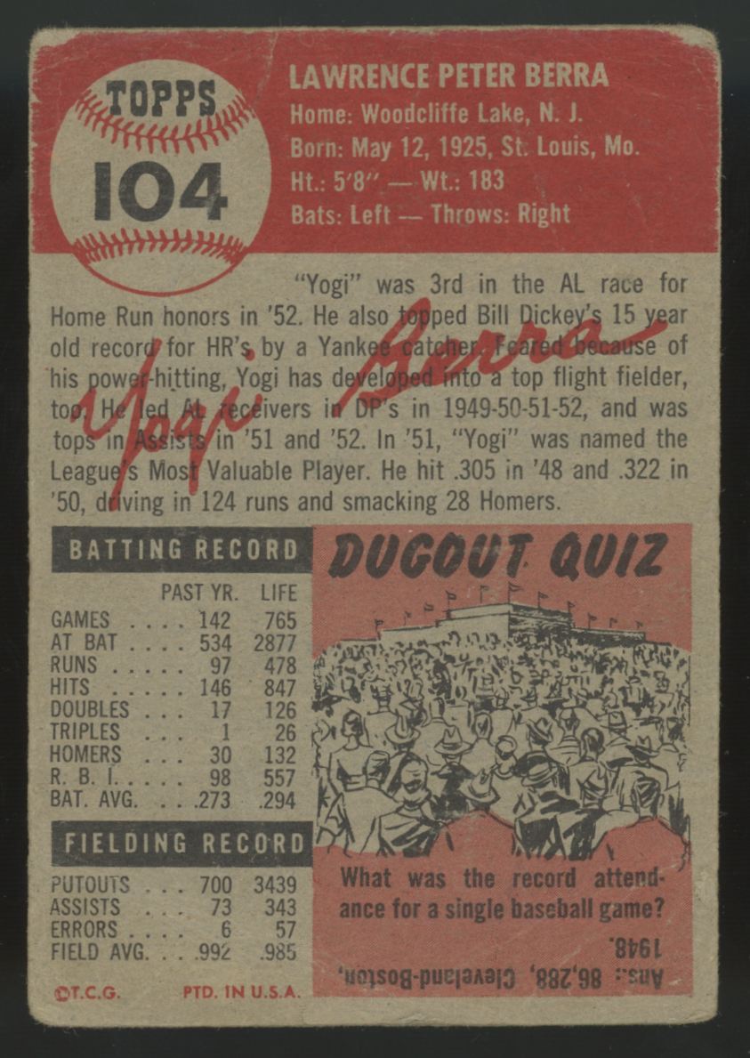 1953 Topps Yogi Berra #104 Poor