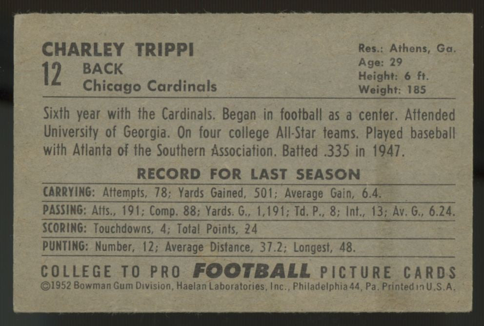 1952 Bowman Small Charley Trippi #12 VG/EX