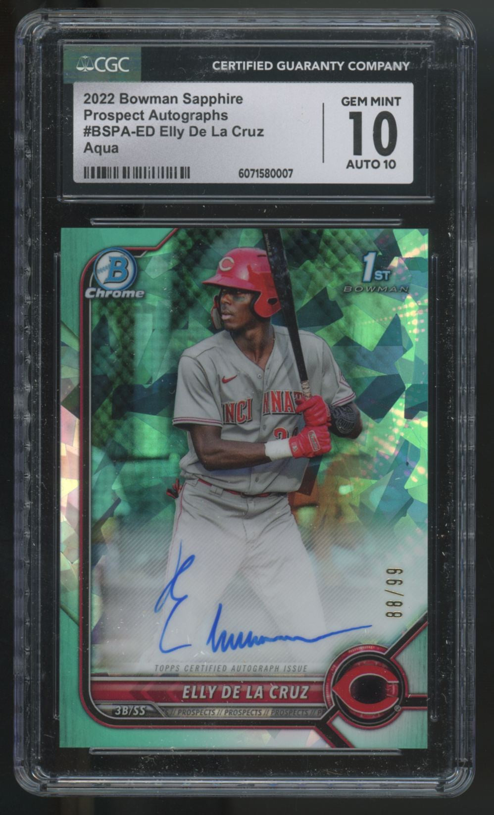 2022 Bowman Sapphire Elly De La Cruz 1st Aqua Prospect Auto /99 CGC 10 10