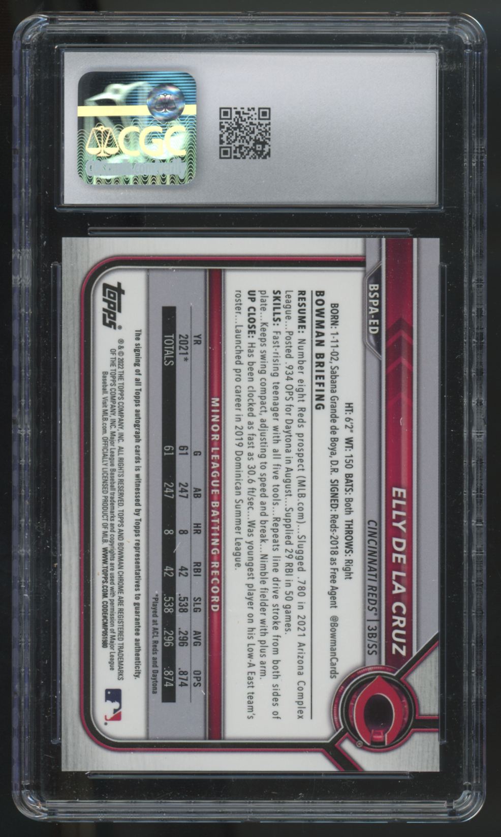 2022 Bowman Sapphire Elly De La Cruz 1st Aqua Prospect Auto /99 CGC 10 10