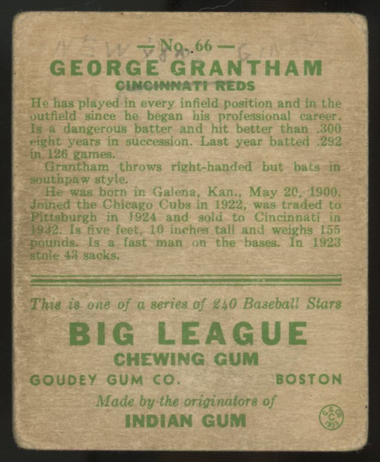 1933 Goudey George Grantham #66 Poor (Writing)
