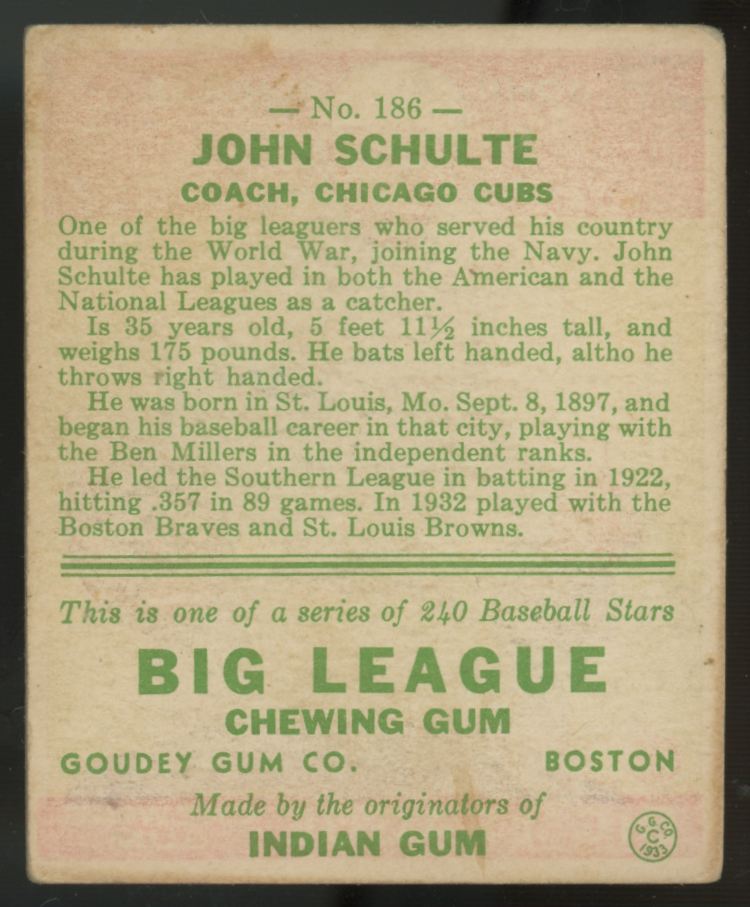 1933 Goudey John Schulte #186 VG/EX