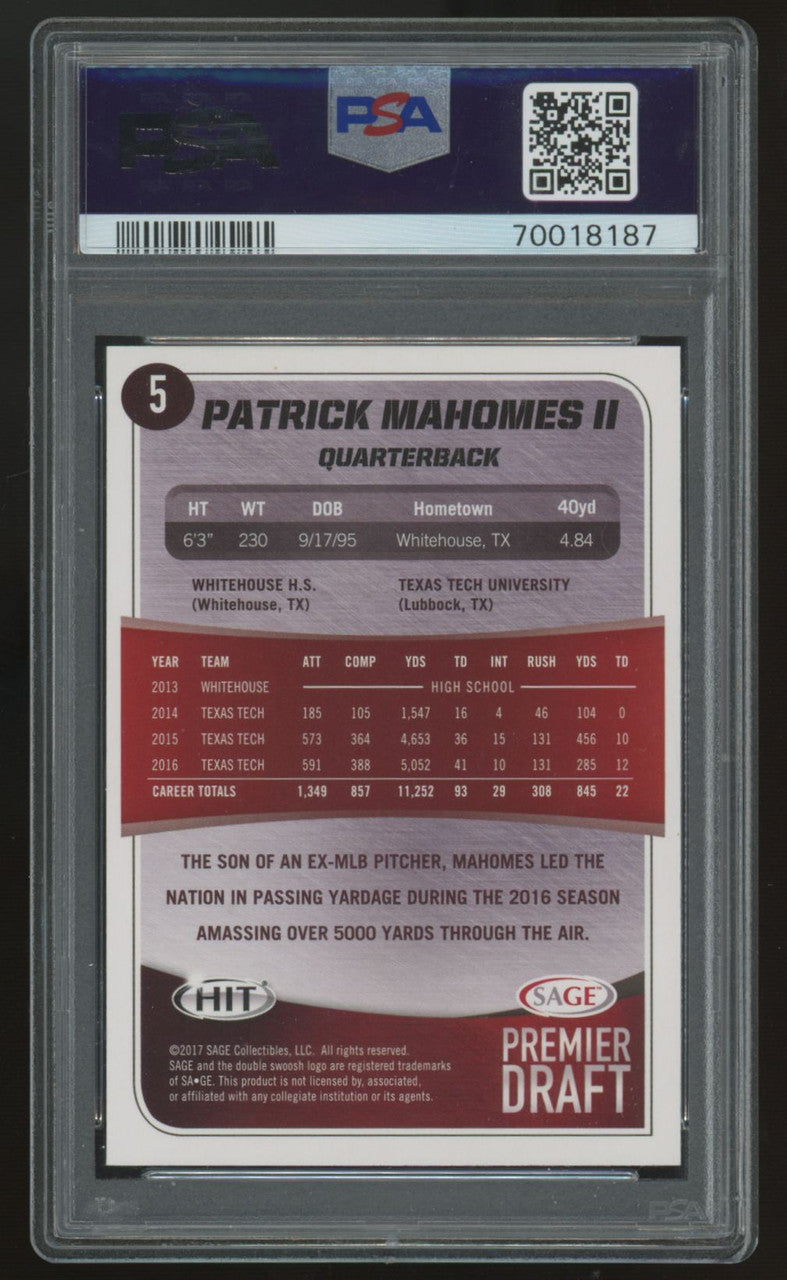 2017 Sage Hit Patrick Mahomes RC PSA 10