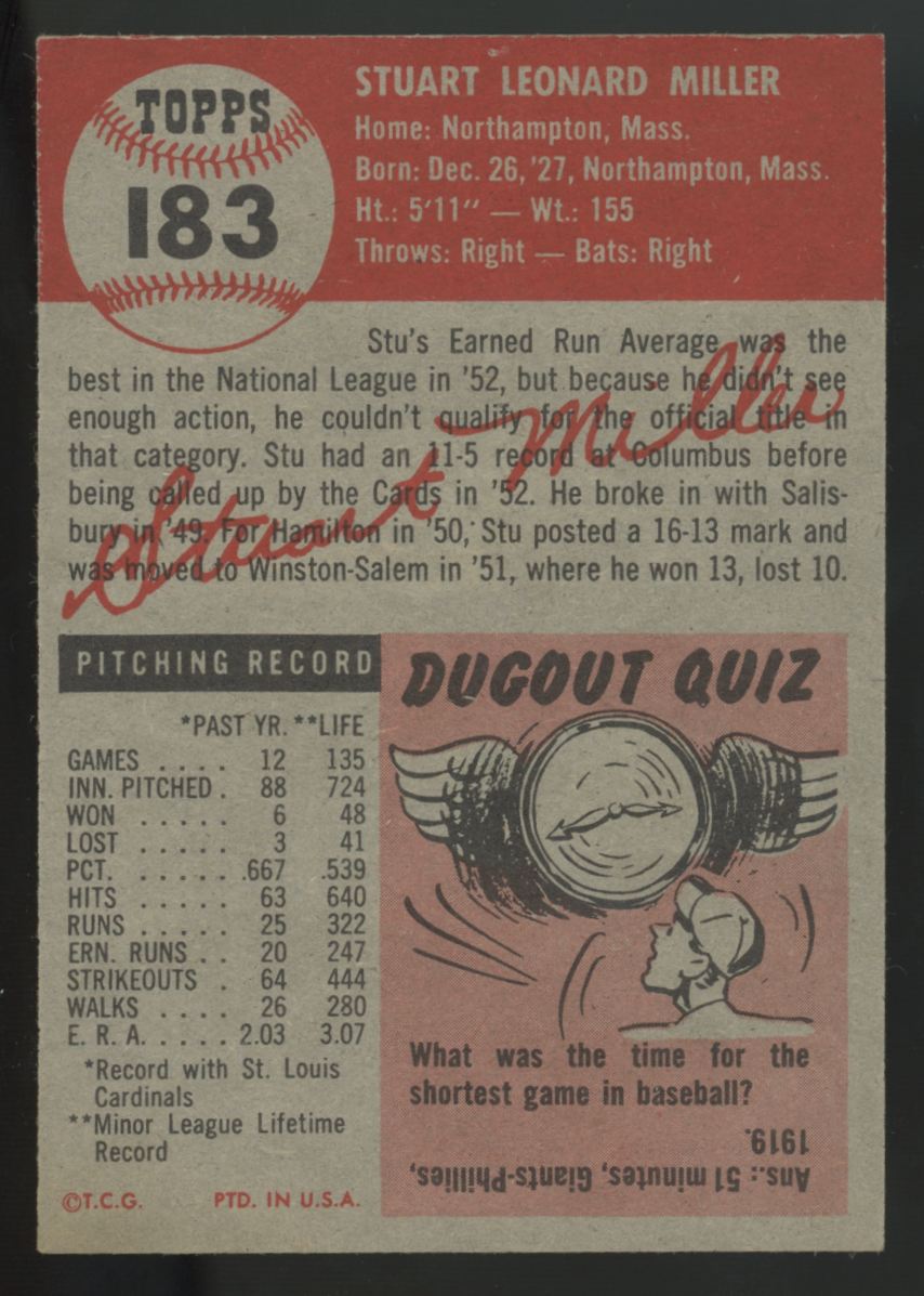 1953 Topps Stu Miller #183 EX/MT