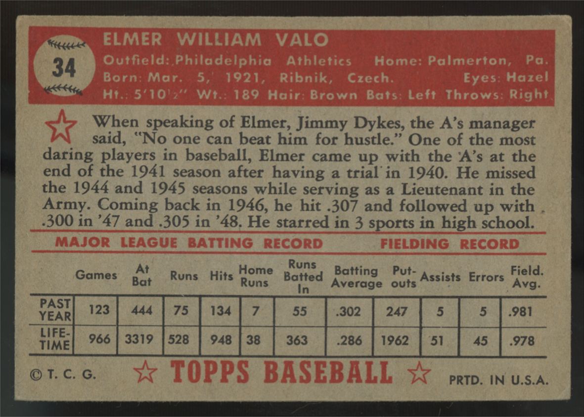 1952 Tops Elmer Valo #34 Good