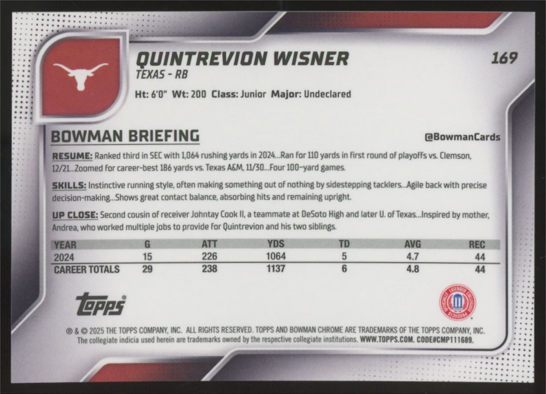 2025 Bowman Chrome U Quintrevion Wisner 1st Prospect Black & White Stealth /48