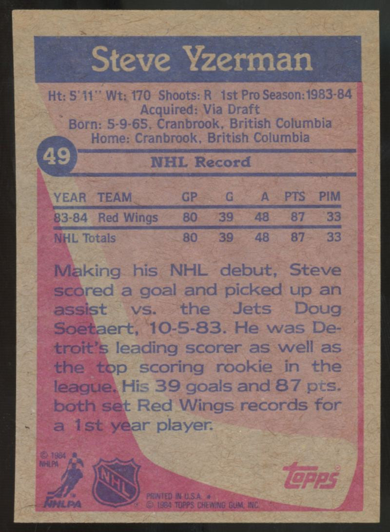 1984-85 Topps Steve Yzerman RC #49 NM "C"