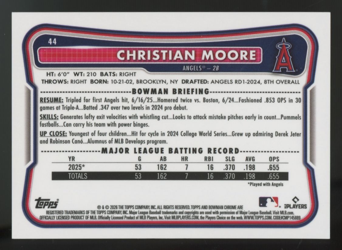 2026 Bowman Chrome Christian Moore RC Black Refractor 10/10 #44