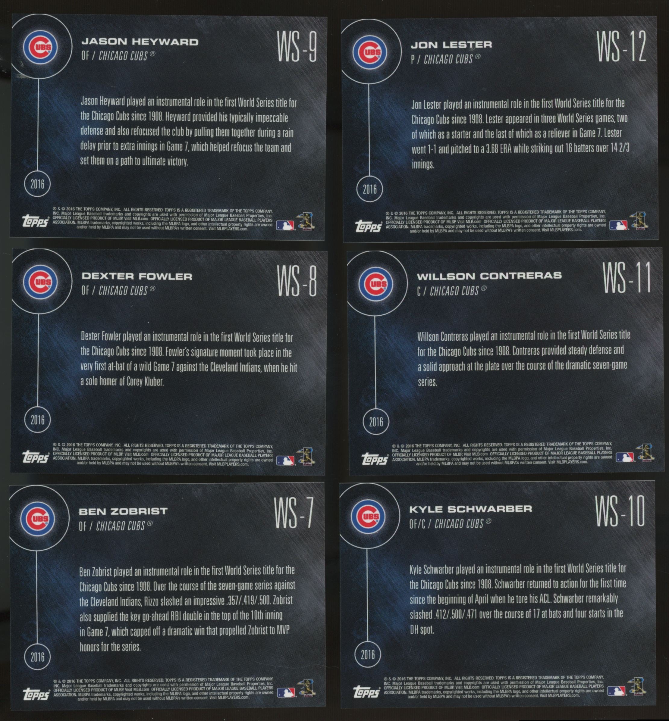 2016 Topps Now Chicago Cubs World Series Champions Complete Set (15/15)