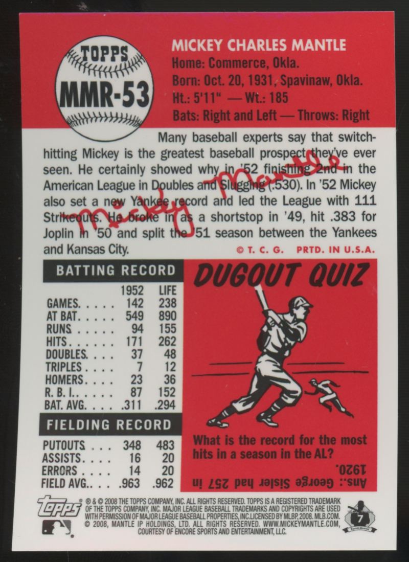 2008 Topps Mickey Mantle Reprint Blue Refractor #MMR-53 "B"