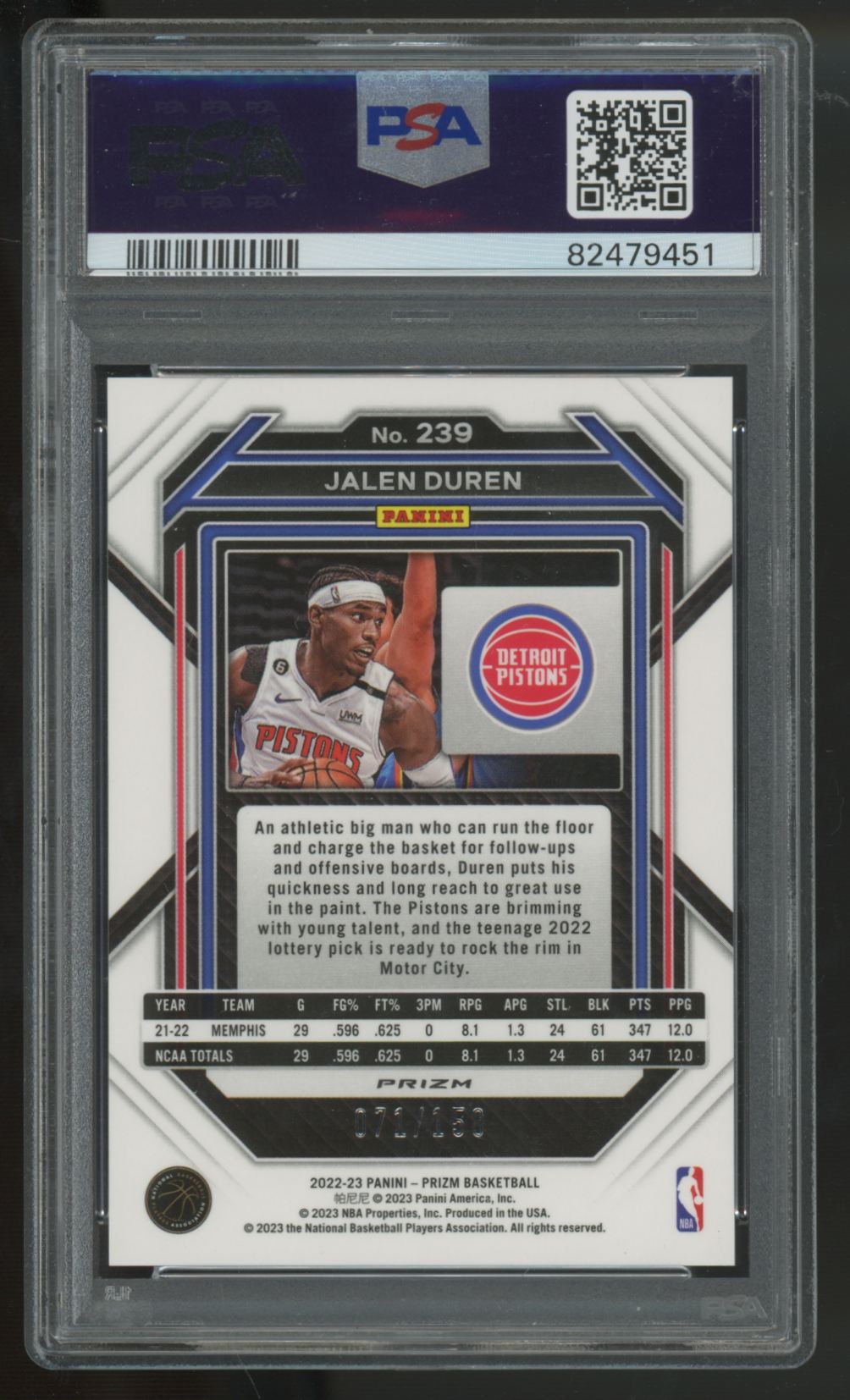 2022-23 Prizm Jalen Duren RC Fast Break Blue /150 #239 PSA 9