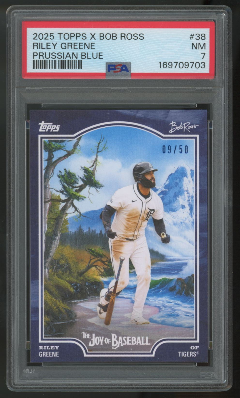 2025 Topps X Bob Ross Riley Greene Prussian Blue /50 #38 PSA 7
