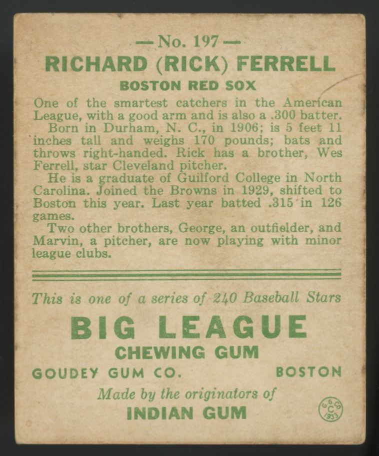 1933 Goudey Richard "Rick" Ferrell #197 VG/EX