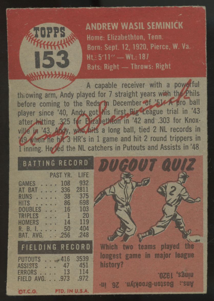 1953 Topps Andy Seminick #153 VG/EX "A"