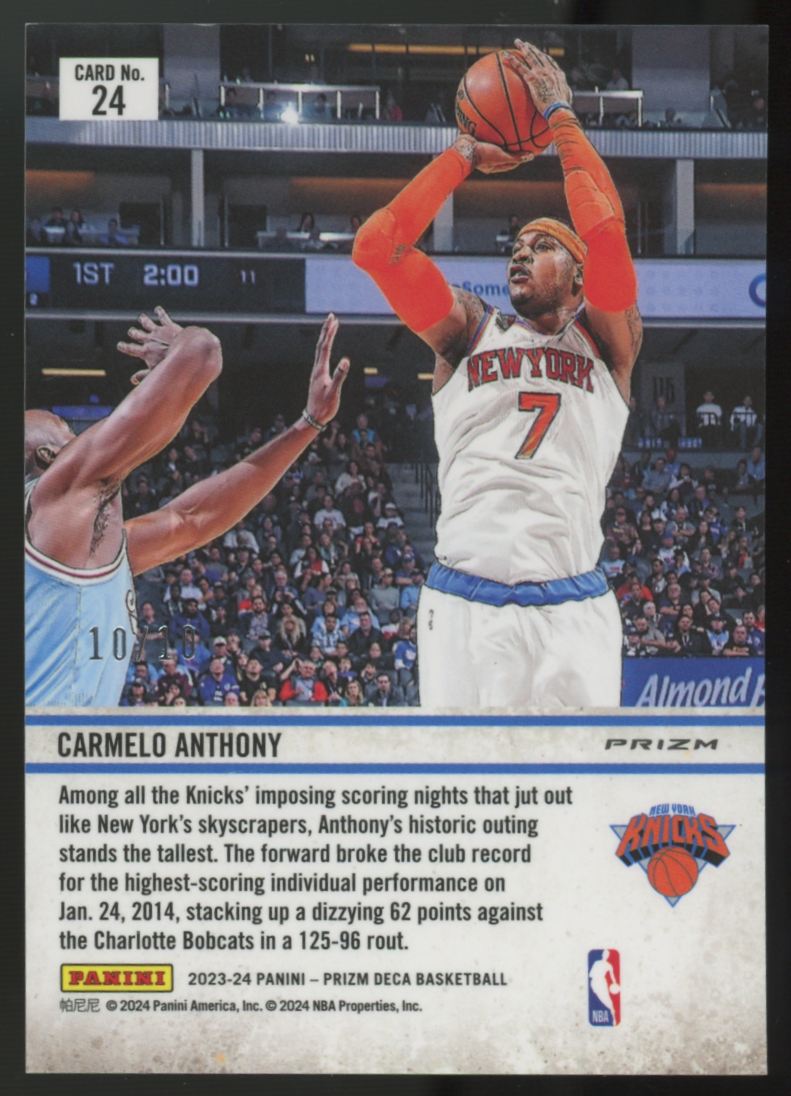 2023-24 Panini Prizm Deca Carmelo Anthony Downtown Bound Gold /10 #24
