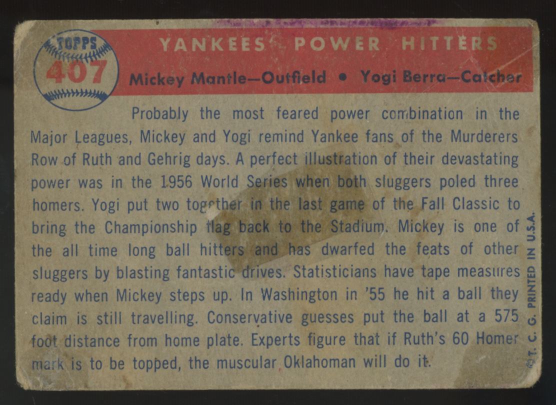 1957 Topps Mickey Mantle/Yogi Berra Yankees' Power Hitters #407 Poor (MK)