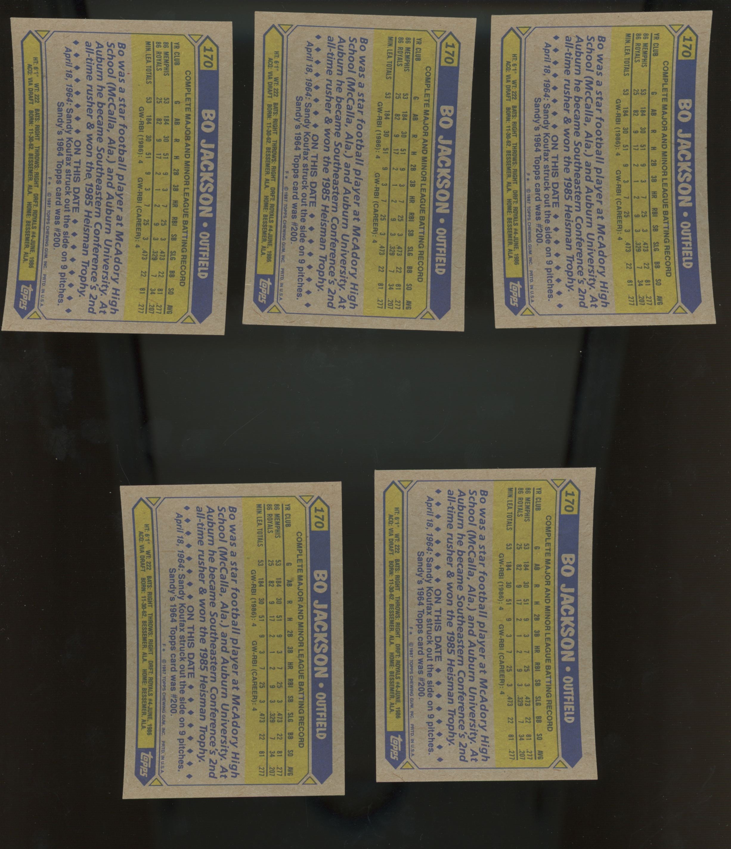 1987 Topps Bo Jackson RC #170 Lot of 25 NM-MT