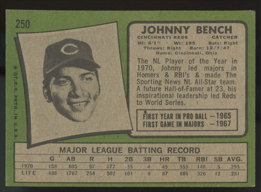 1971 Topps Johnny Bench #250 G/VG (Crease)