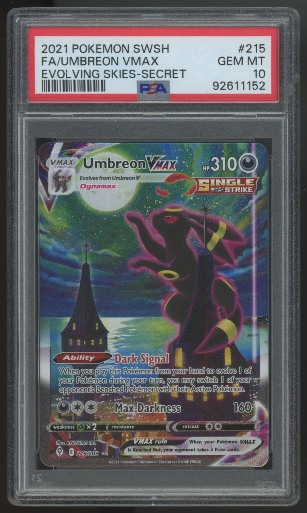 2021 Pokemon Umbreon VMax Evolving Skies Secret Rare #215 PSA 10
