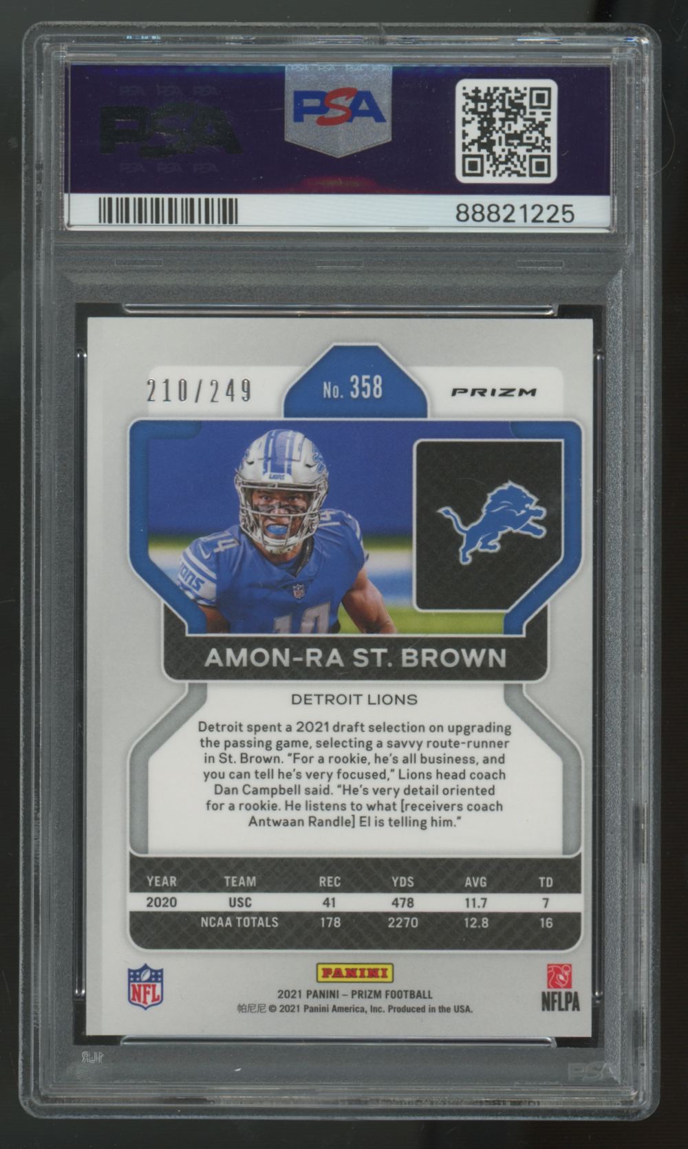 2021 Prizm Amon-Ra St. Brown RC Orange Prizm /249 #358 PSA 9