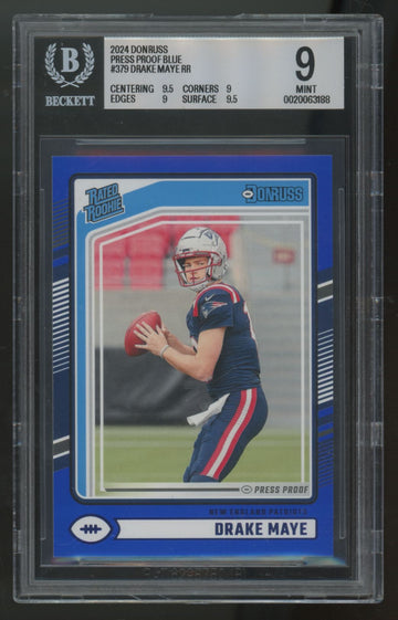 2024 Panini Donruss Drake Maye RC Rated Rookie Blue Press Proof #379 BGS 9