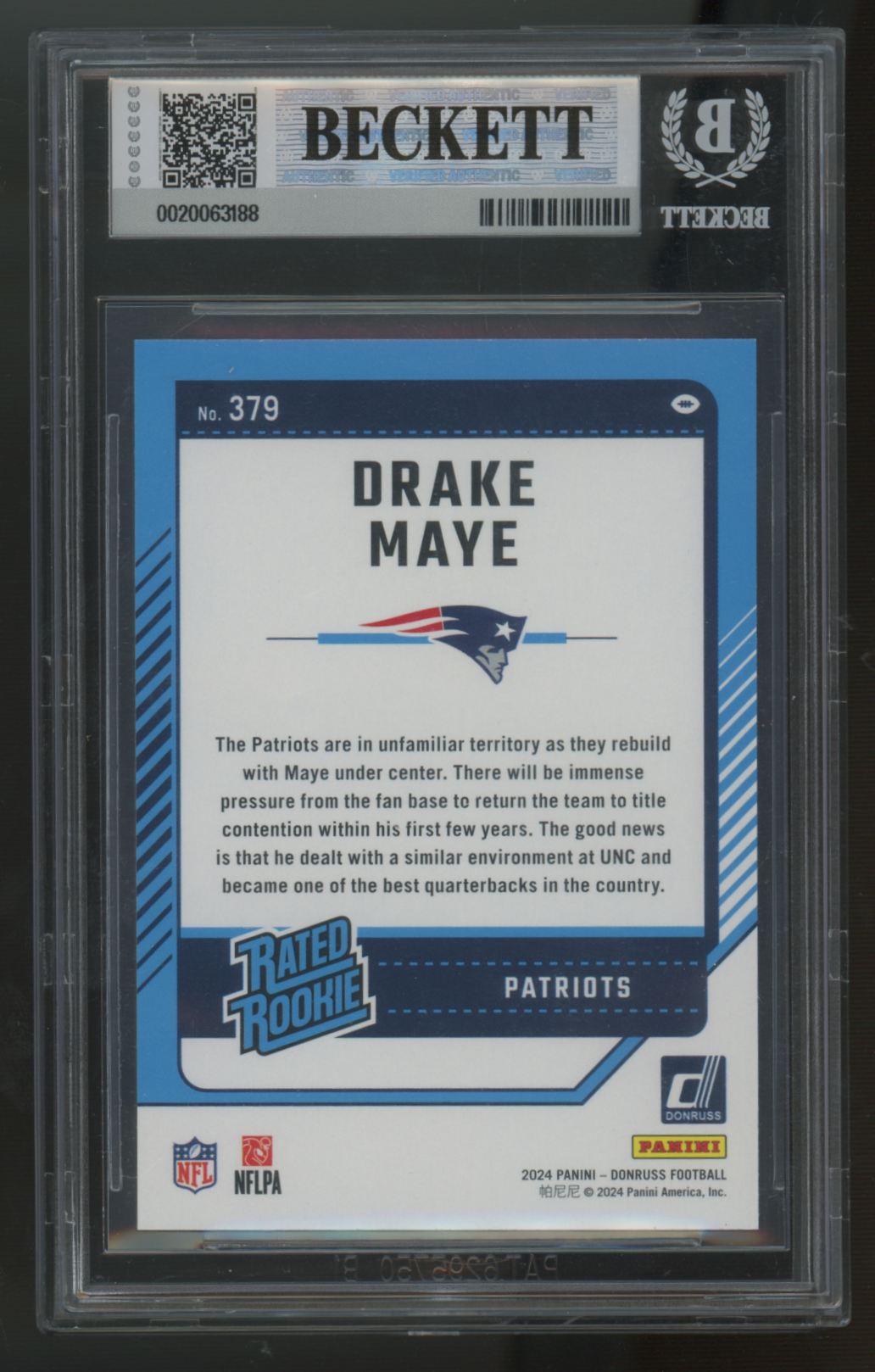 2024 Panini Donruss Drake Maye RC Rated Rookie Blue Press Proof #379 BGS 9