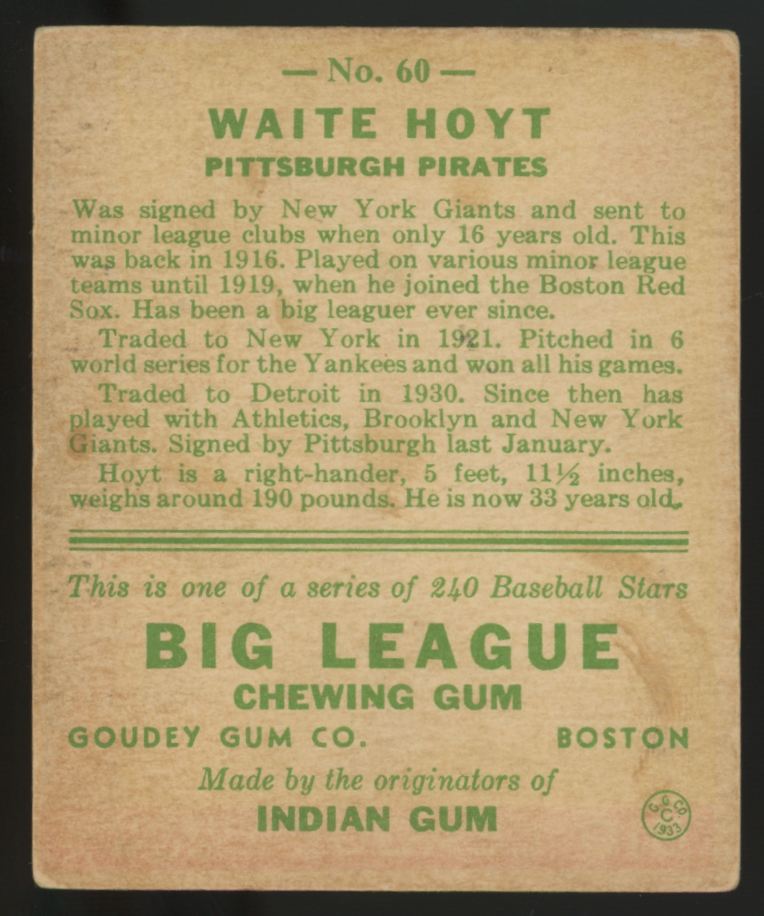 1933 Goudey Waite Hoyt #60 Poor