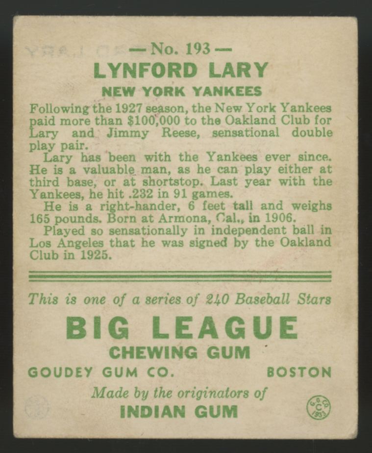 1933 Goudey Lynford Lary #193 Poor