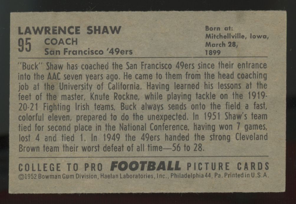 1952 Bowman Small Buck Shaw #95 EX-MT