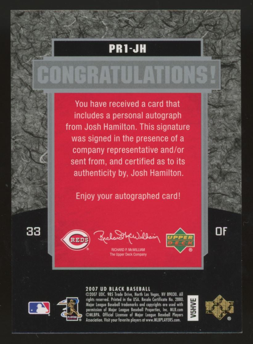 2007 Upper Deck Black Josh Hamilton Prodigious Auto /25 #PR1-JH