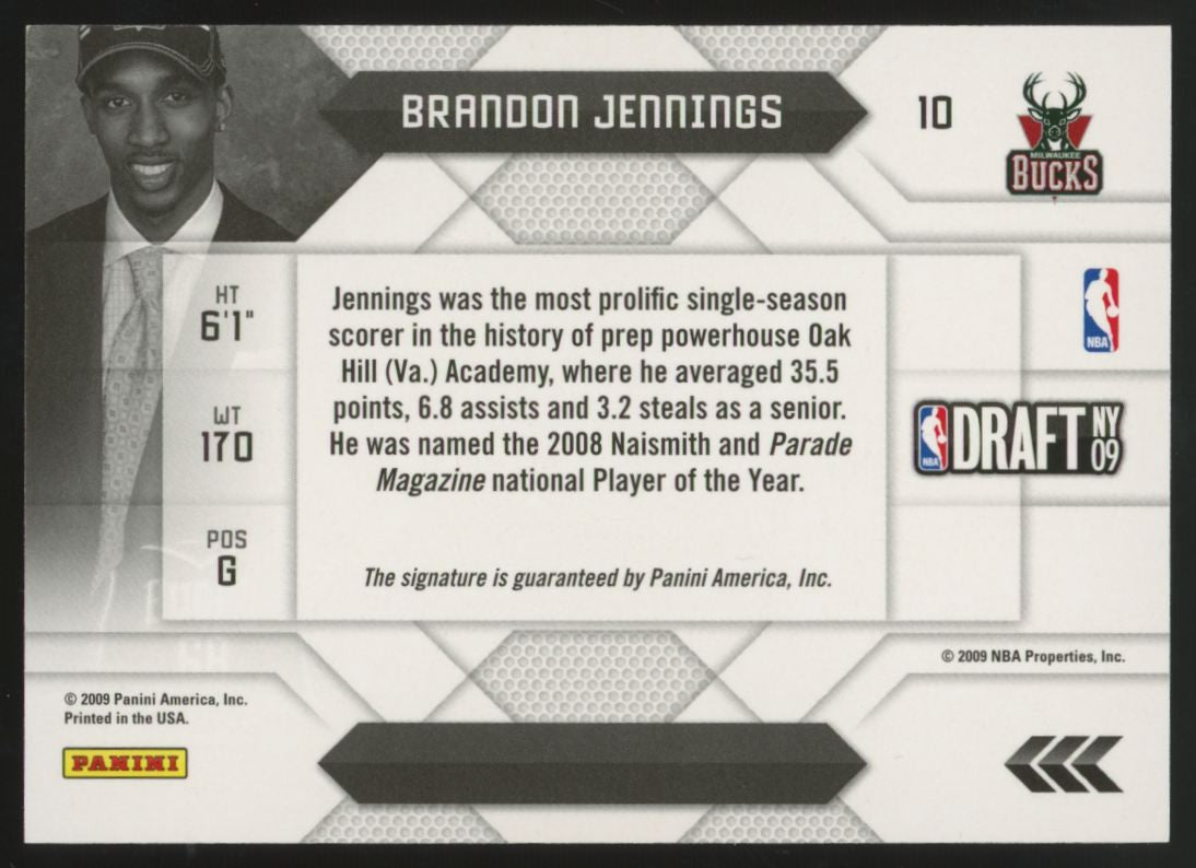 2009-10 Panini Prestige Brandon Jennings RC Draft Class Auto #10