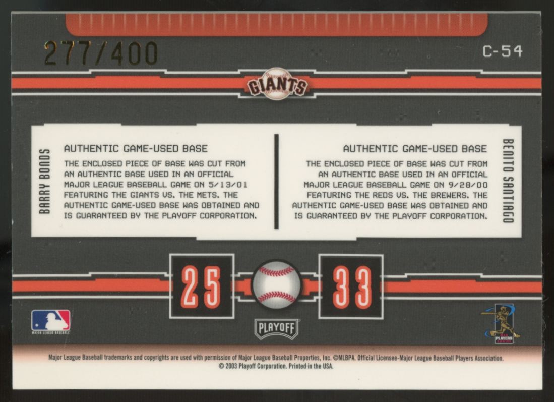 2003 Playoff Prestige Barry Bonds, Benito Santiago Connections Patch /400 #C-54
