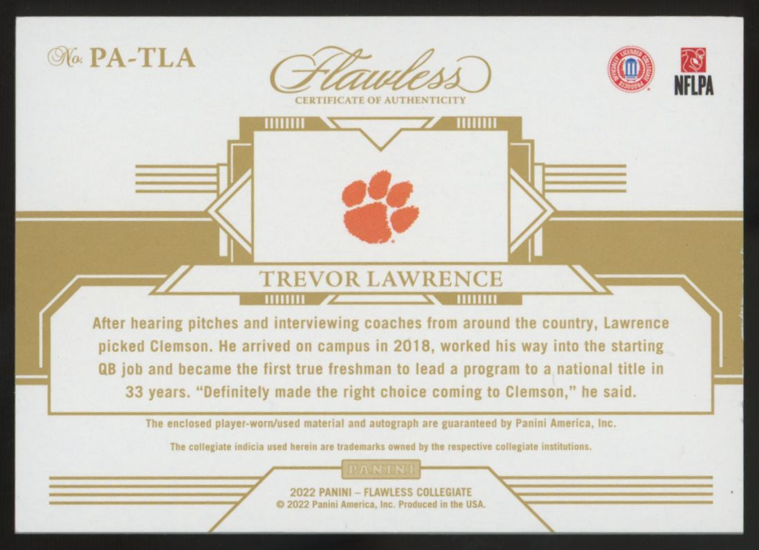 2022 Panini Flawless Collegiate Trevor Lawrence Patch Auto /25 #PA-TLA