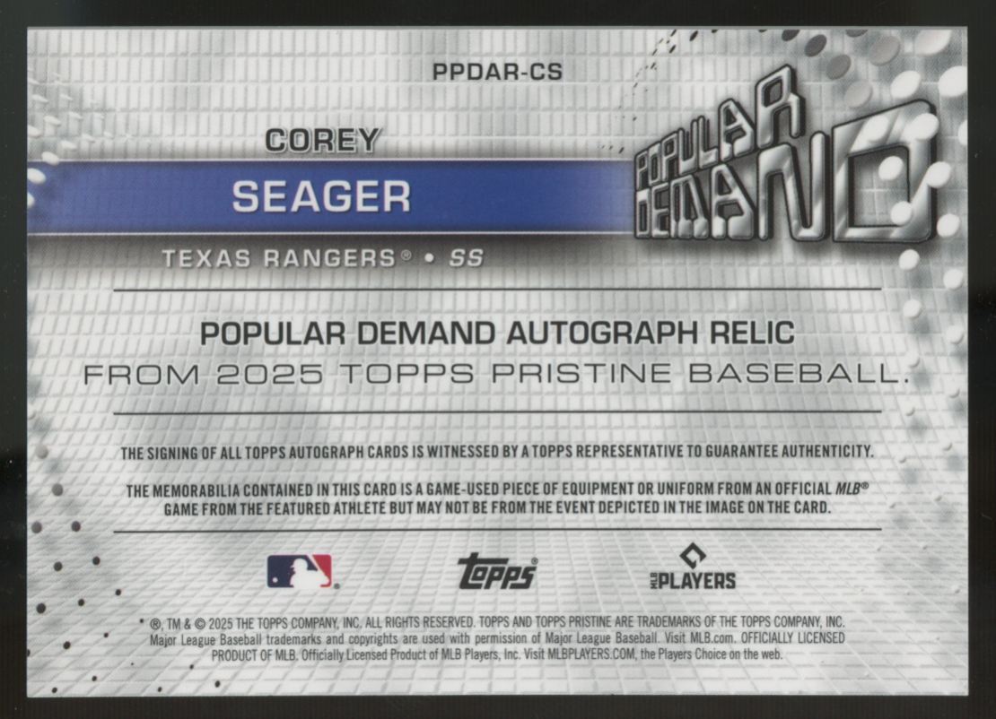 2025 Topps Pristine Corey Seager Popular Demand Gold Patch Auto /50 #PPDAR-CS